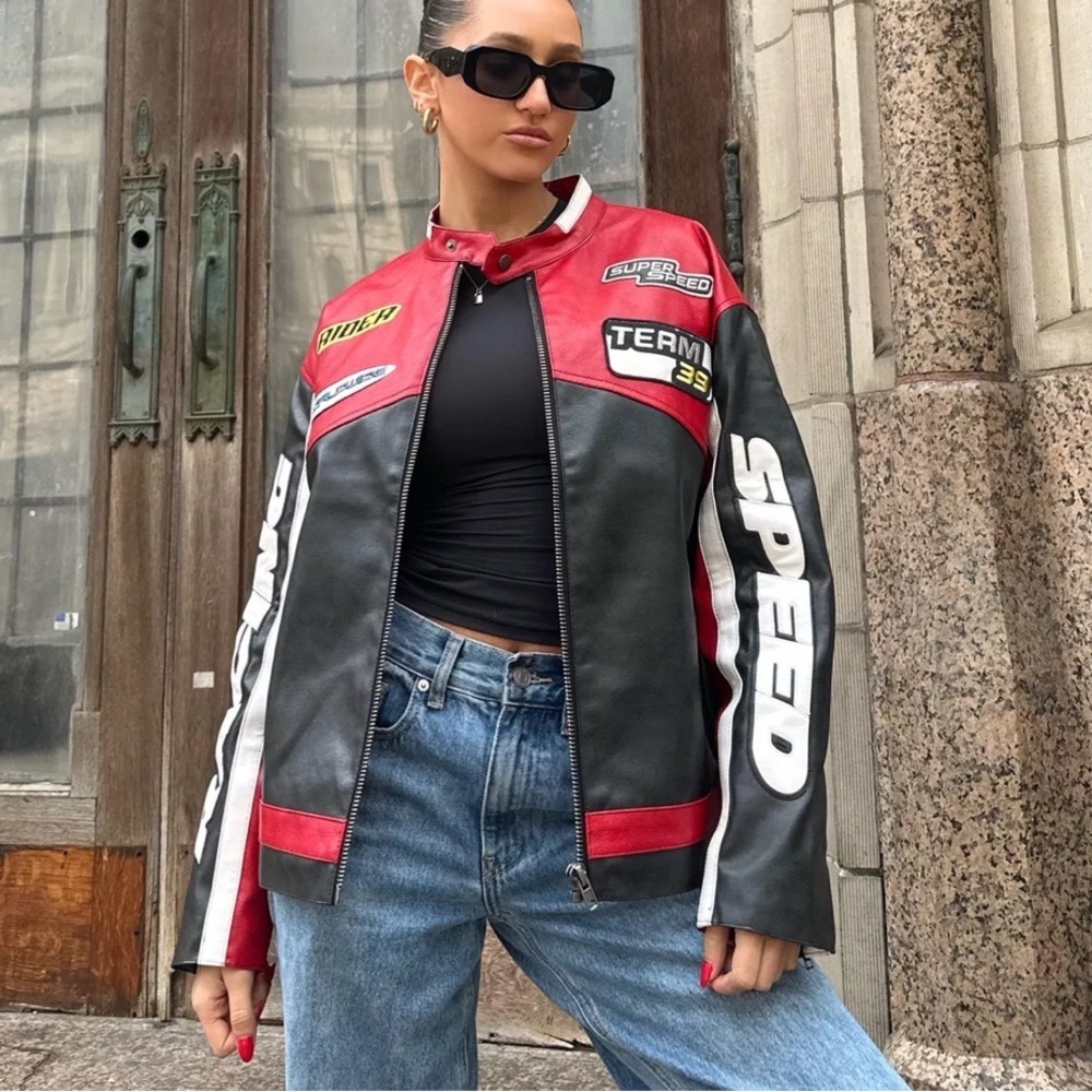 Urban Outfitters iets frans Oversized Patch Racer Moto Jacket